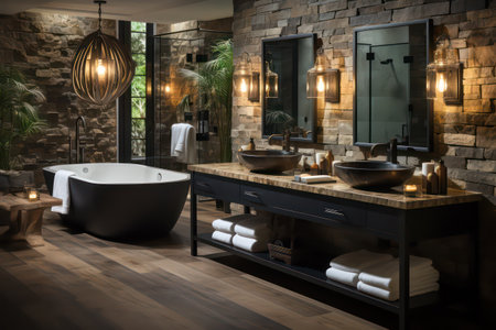 Bathroom interior design with wooden floor and black bathtub, 3d renderの素材