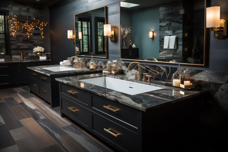 Luxury modern bathroom with black granite countertop and double sinkの素材