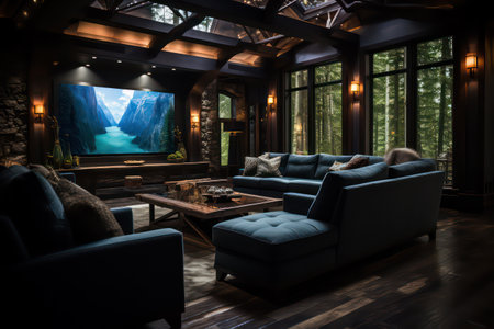 Interior of modern living room with beautiful view on the mountains.の素材