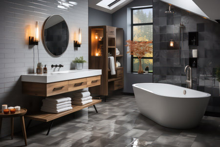 Interior of a modern bathroom with black and white tiles. 3d renderingの素材