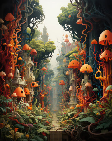 Fantasy fantasy landscape with mushrooms and trees, 3d illustration.の素材