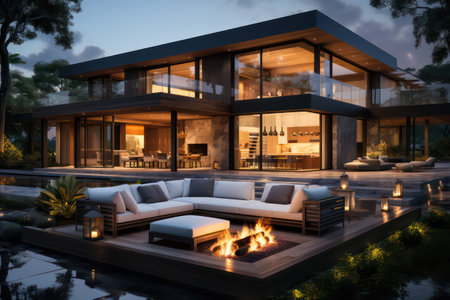 3d rendering of modern cozy house with pool and parking for sale or rent in luxurious style and beautiful landscaping on background. Clear summer night with many stars on the sky.の素材