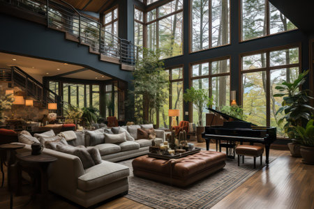 Interior of a modern living room with a wooden floor, leather sofa and a pianoの素材