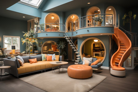 Interior of modern living room with blue walls, wooden floor, sofa and orange armchairsの素材