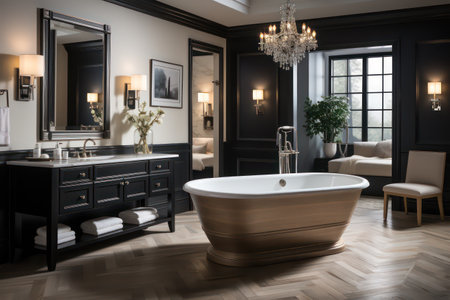 Luxury bathroom with black walls, wooden floor and comfortable bathtubの素材