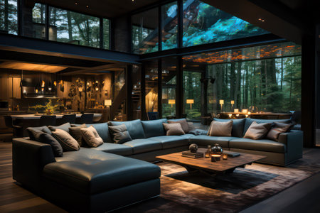 Luxury modern living room interior design with a large window overlooking the forestの素材