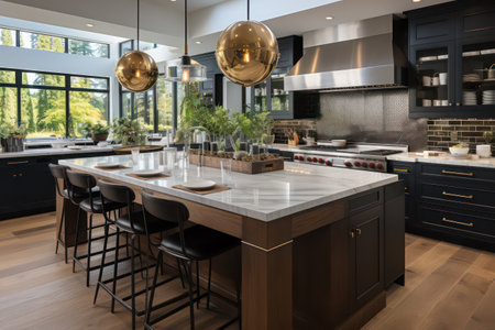 interior of new luxury modern kitchen with black and white countertopsの素材