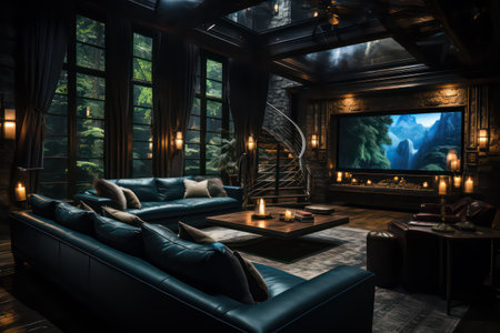 Interior of a living room with a black leather sofa and a window overlooking the pondの素材