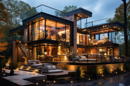 3d rendering of modern cozy chalet with pool and parking for sale or rent in luxurious style and beautiful landscaping on background. Clear summer night with golden light.の素材