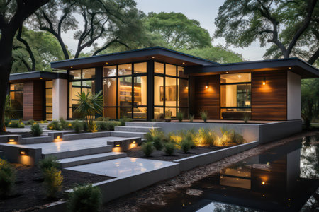Luxury modern house with pool and parking for sale or rent in evening.の素材
