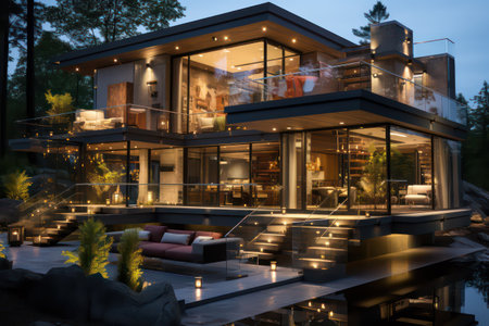 Luxury modern house in the garden at night. Luxury house in the garden.の素材