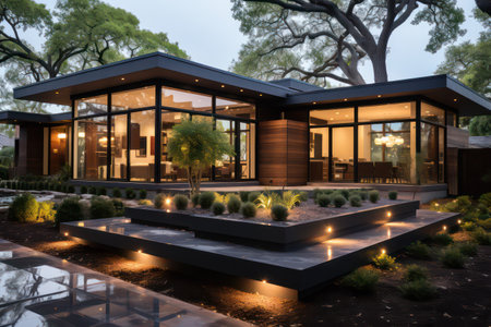 3d rendering of modern cozy house with parking and pool for sale or rent with beautiful landscaping on background.の素材