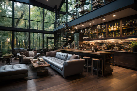 Interior of a modern bar with a black leather sofa, a wooden coffee table and a glass wallの素材