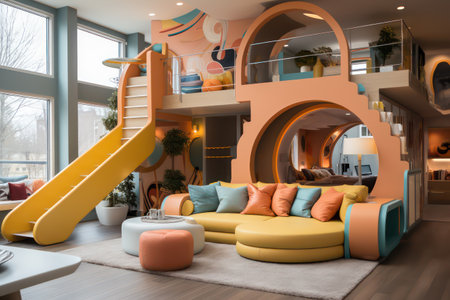 Modern children's room with a slide and a sofa. 3d renderingの素材