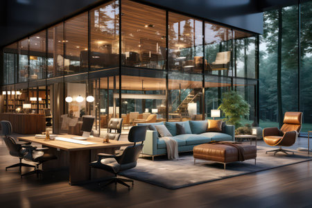 Interior of a modern office with glass walls, wooden floor and rows of brown and beige armchairs. 3d rendering mock upの素材