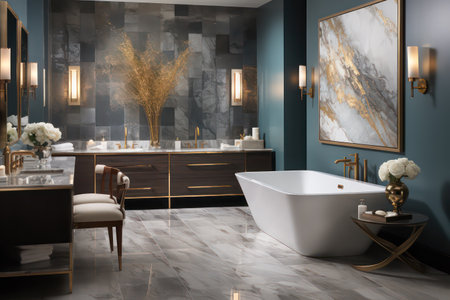 Luxury bathroom interior with white bathtub and mirror 3d renderの素材
