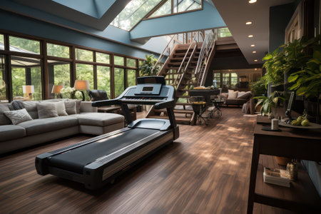 Interior of modern living room with walk-in treadmill and fitness equipmentの素材
