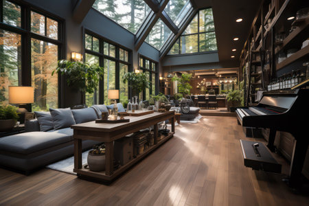 Interior of modern living room with wooden furniture and parquet floorの素材