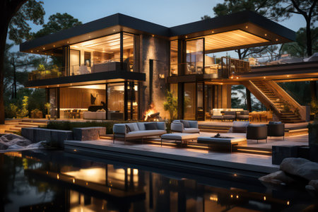 3d rendering of modern cozy house with parking and pool for sale or rent in luxurious style and beautiful landscaping on background. Clear summer night with many stars on the sky.の素材