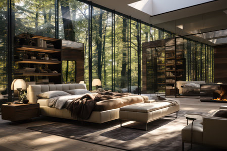 Interior of modern living room with glass wall, 3d renderの素材