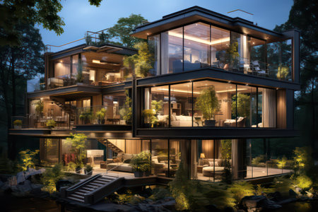 3d rendering of modern cozy house with pool and parking for sale or rent. Luxury home in the forest.の素材