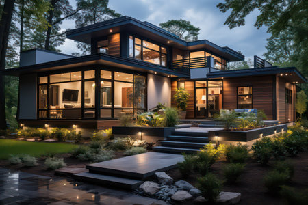 3d rendering of modern cozy chalet with pool and parking for sale or rent. Massive timber beams columns. Clear summer night with many stars on the sky.の素材