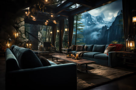 Interior of a restaurant with a view of the mountains. 3d renderingの素材