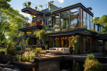 Modern architecture of a house with a garden and a beautiful view.の素材