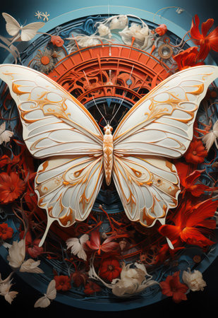 Butterfly in the circle of flowers. 3D illustration.の素材