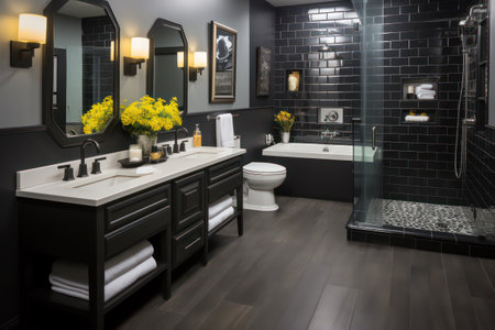 Bathroom interior with black and white tiles and black tiles.の素材