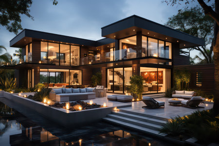 3d rendering of modern cozy house with pool and parking for sale or rent in luxurious style and beautiful landscaping on background. Clear summer night with many stars on the sky.の素材