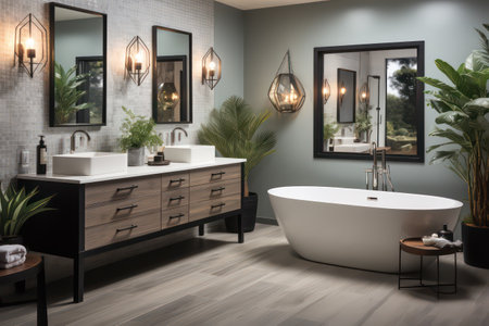 Bathroom interior with bathtub and mirror. 3d renderingの素材