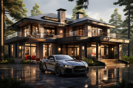 3D rendering of a brand-less generic concept car in the gardenの素材