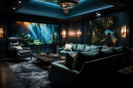 Interior of a modern living room with a sofa and a large aquariumの素材
