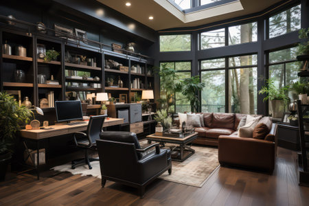 Interior of a modern living room with furniture and bookshelvesの素材
