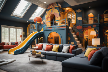 Playground in a children's room with a blue slide. 3d renderingの素材