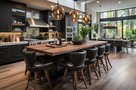 Interior of modern luxury kitchen and dining room with black and white furnitureの素材