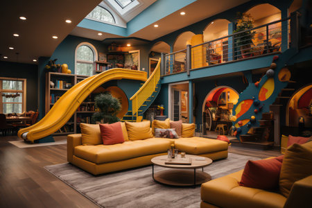 Playground in a children's room with a slide and a sofaの素材