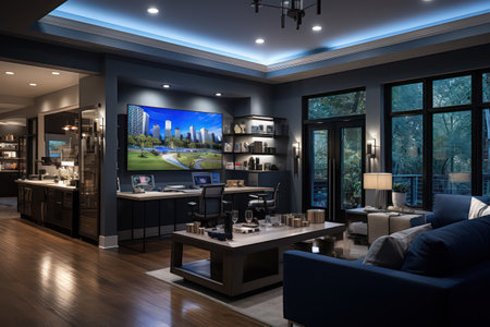 3d render interior of living room with TV on wall and city viewの素材