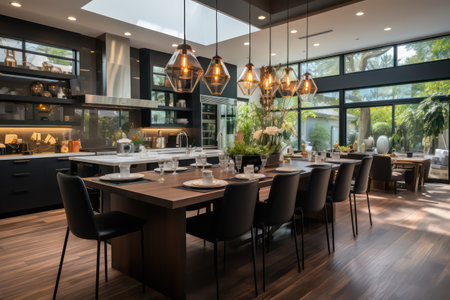 Modern dining room interior design with wooden table, chairs and black chairsの素材