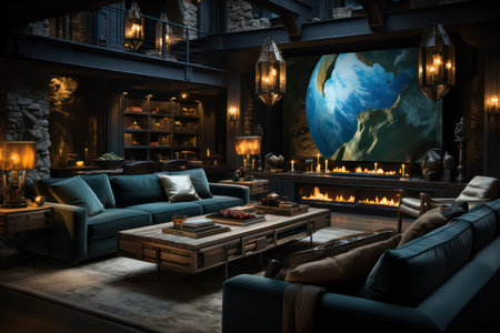 Interior of a modern living room with a fireplace and a blue sofaの素材