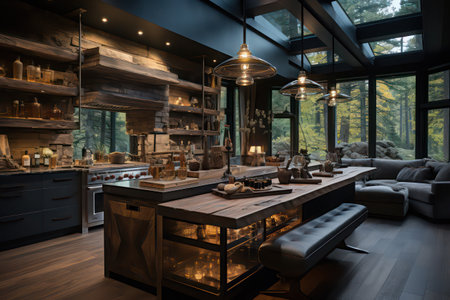 Interior of a modern kitchen with a wooden countertop. Furniture and utensils.の素材
