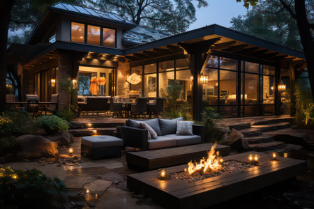 Luxury modern chalet in the garden at night.の素材