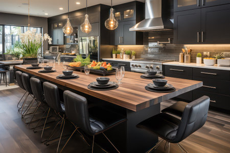 Luxury kitchen and dining room with wooden table and black chairsの素材