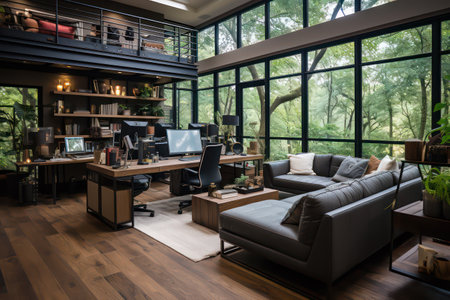 Interior of a modern office room with a large window overlooking the gardenの素材