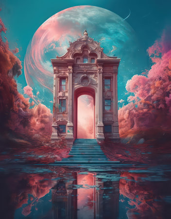 Fantasy landscape with an arch in the middle of the water.の素材