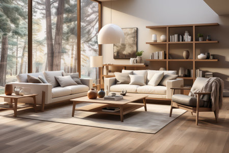 Interior of modern living room with wooden floor, sofa and coffee table. 3d renderの素材