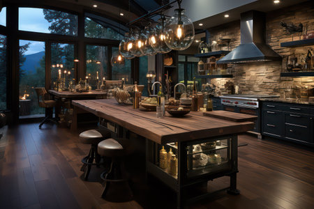 Interior of a modern kitchen in a country house with wooden furnitureの素材