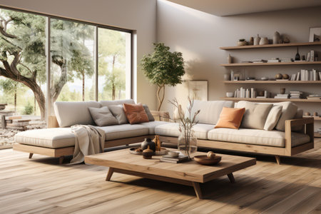 Modern living room interior with sofa, coffee table and bookshelfの素材