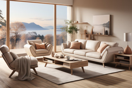 Modern living room interior with a panoramic view on the mountains. 3d renderの素材